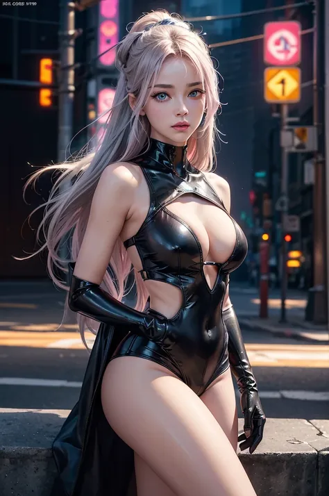 (ultra quality, 4k, 8k, high resolution, masterpiece: 1.2), ultra detailed, (realistic, photorealistic, photorealistic: 1.37) hyper-realistic image, vibrant portrait, a young and beautiful woman, she is a robot, long hair, hair color lilac and gray, light ...