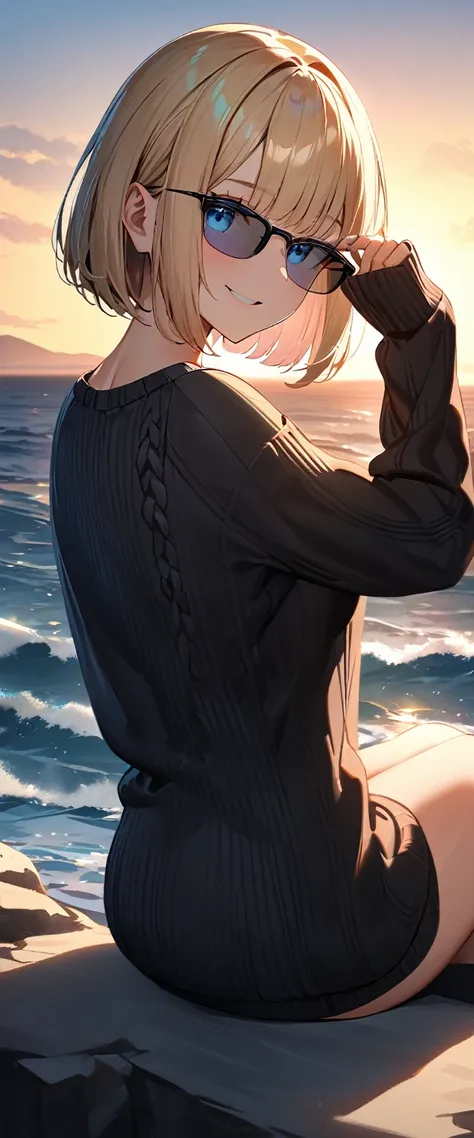 (((One girl))), (((looking back:1.3))), (back view), sea, beach, Sunset, evening, ((Sitting on a cliff)), head tilt:1.3, (((from behind))), (((Bare legs))), ((aran sweater)), blond hair, ((sunglasses, hand to sunglasses)), (bob cut:1.3)), breasts, cleavage...