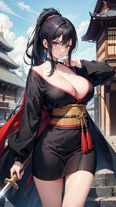 One woman,whole body,Big Breasts,Black hair ponytail(1.5),Swordsman holding a sword(1.5),kimono,castle town