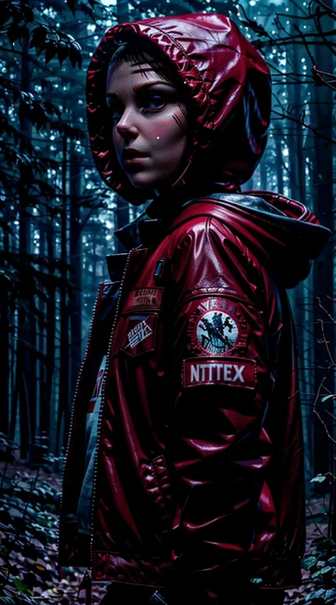 millie bobby brown, mbb, wearing a red jacket and a hood in a dark forrest, horror style, stranger things, netflix,