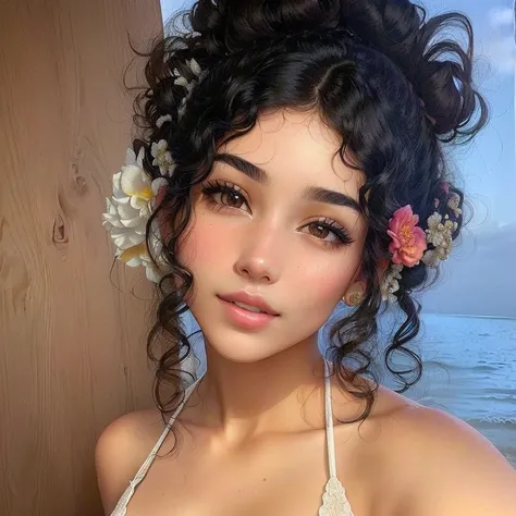 there is a woman with a flower in her hair posing for a photo, wavy messy high bun hairstyle, wavy bangs, beautiful latin face, wavy bangs and ponytail, wavy, wavy middle part haircut, messy wavy hair, wavy haired, she looks like a mixture of dirt, her fac...