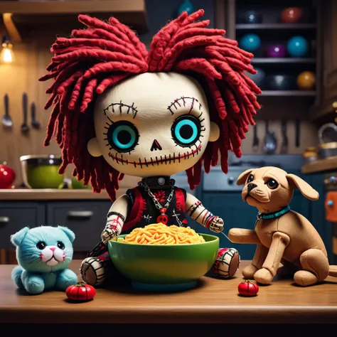 (knitted toy voodoo doll:1.5), (Voodoo feeding a pet:1.3), (Clothing: casual outfit with pet patterns:1.0), (Accessories: enchanted pet bowl, glowing pet food, mystical leash:1.2), (background: cozy kitchen with animated pet toys:1.2), best quality, master...