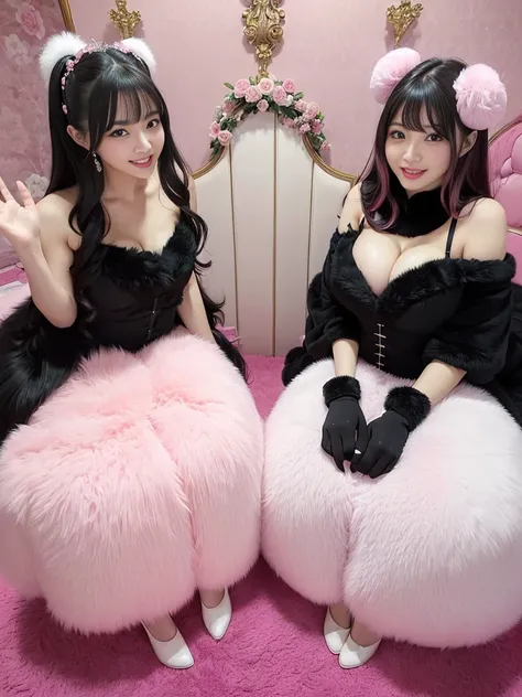 fluffyの毛皮。fluffy。((gorgeous))(smile)(((Pair of women、Pink feminine room、Beautiful black hair)))。((dress、Fluffy carpet))。Arms outstretched、Armpits。Photos of women wearing fur coats。Fisheye Lenultiple women。Black leather bondage))