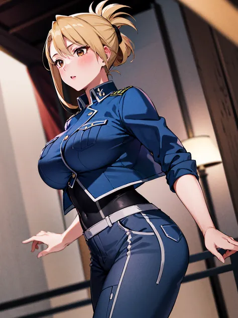 masterpiece, Highest quality, High resolution, One girl, (Blue jacketの下にBlack innerwearシャツ), Folded ponytail, Brown eyes, , uniform, Blue jacket, Blue pants,Invitation , glamorous,  ,Big Breasts, Black innerwear, blush
