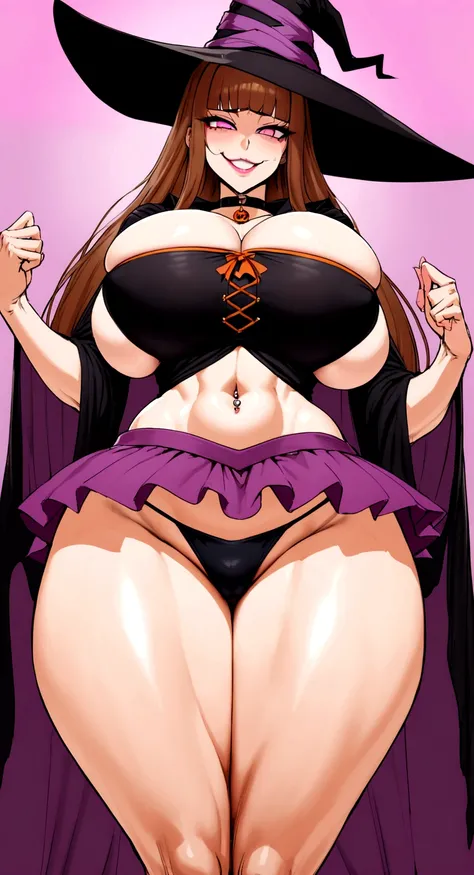 big lips, Brown hair, pink eyes, japanese face, improve, improve grin, two sides up, huge breasts, Wide hips, sexy, detailed, pink room, Hits, (evil smile1.4), kawaii, pleated skirt, halloween, GOOD, witch costume, witch skirt, witch shirt, choker, witch s...