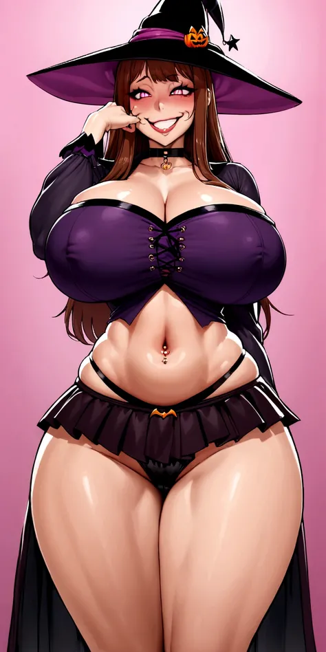 big lips, Brown hair, pink eyes, japanese face, improve, improve grin, two sides up, huge breasts, Wide hips, sexy, detailed, pink room, Hits, (evil smile1.4), kawaii, pleated skirt, halloween, GOOD, witch costume, witch skirt, witch shirt, choker, witch s...