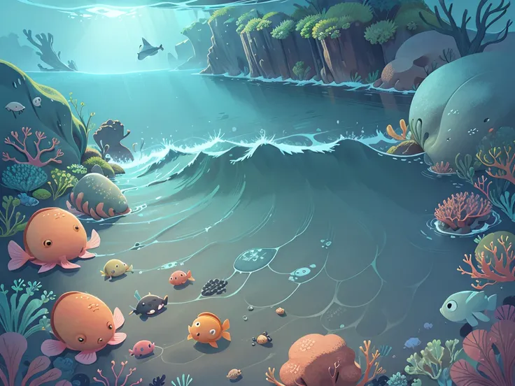 Flat style，Childrens Illustration，Ocean，School of Fish，Underwater，Seafloor / Ocean Floor