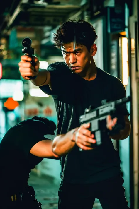 cinematic film still of In the 1980s In Hong Kong China a man wearing black t-shirt with a bloody face standing in a room aiming a black hand gun at camera while screaming in anger,solo,looking at viewer,brown hair,1boy,holding,weapon,male focus,holding we...