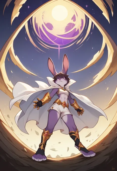 create a picture of a half rabbit character  with purple giant rabbit digitigrade legs with white paws, put purple rabbit ears on top of her head, make her wearing a royal looking white cloak with golden accents and white shorts with golden accents and bla...