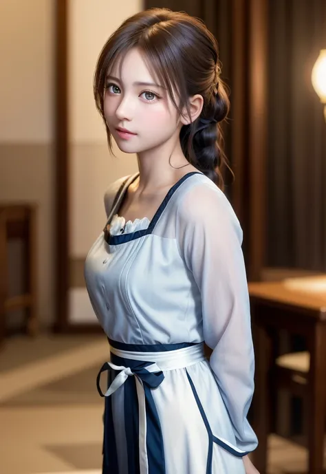 8K, of the highest quality, masutepiece:1.2), (Realistic, Photorealsitic:1.37), of the highest quality, masutepiece, Beautiful young woman, Pensive expression, Gentle eyes, Cute Maid Clothes, Hair tied back, feeling radiant, Cinematic background,, Light sk...