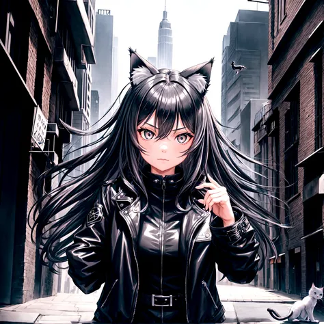 1 girl, black jacket, long hair, gray hair, cool, magic, city, town, cat ear