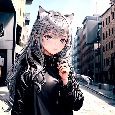 1 girl, black jacket, long hair, gray hair, cool, magic, city, town, cat ear