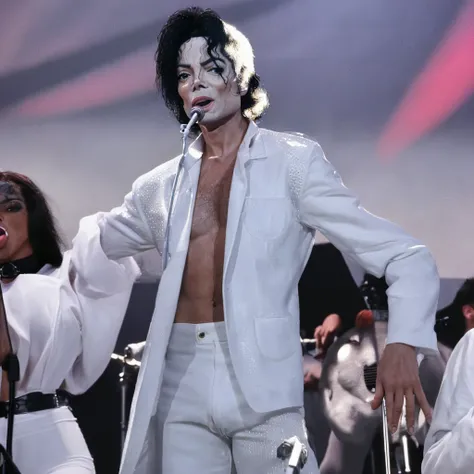 Michael Jackson white skinned man with plastic surgery on his face singing at a night concert and with full body 