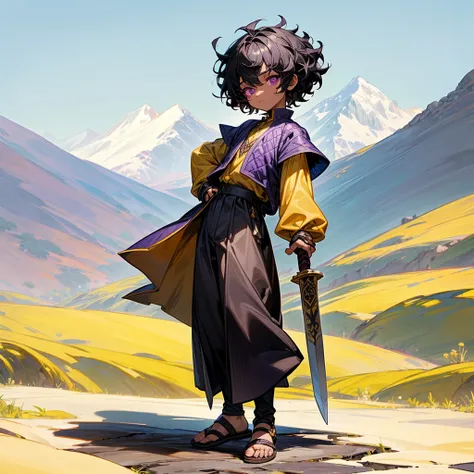 1little boy, Full body version, 1character, purple eyes, black skin, short Curly hair, upturned eyes type, black colour hair, Renaissance clothing, yellow color clothing, Renaissance sandals, two dagger knife silver in hand, wood armor vest, Grassroots bac...