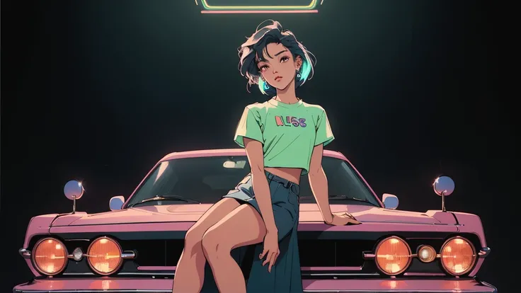 ((best quality)), ((masterpiece)), masterpiece, best quality, retro style, beautiful asian girl, K-pop aesthetics and style, sitting on a car, dreamy, perfection, realistic, high fashion, 16:9, Stylish Korean woman from the 90s, Neon light background, a sc...