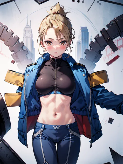 masterpiece, Highest quality, High resolution, One girl, (Blue jacketの下にBlack innerwearシャツ), Folded ponytail, Brown eyes, , uniform, Blue jacket, Blue pants,Invitation , glamorous,  ,Big Breasts, Black innerwear, blush
