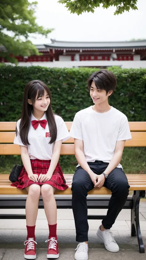 Japanese、18-year-old high school girl、White shirt、Red Check mile、Two people sitting on a bench