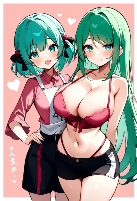 My name is Akari., I am a white test woman with long green  hair , turquoise eye color  . I am 1.62 cm tall and weigh 47 kg. My breasts measure 100 cm, my waist 40 cm and my hips 200 cm. Dressed in a tight, low-cut pink blouse along with short black shorts...