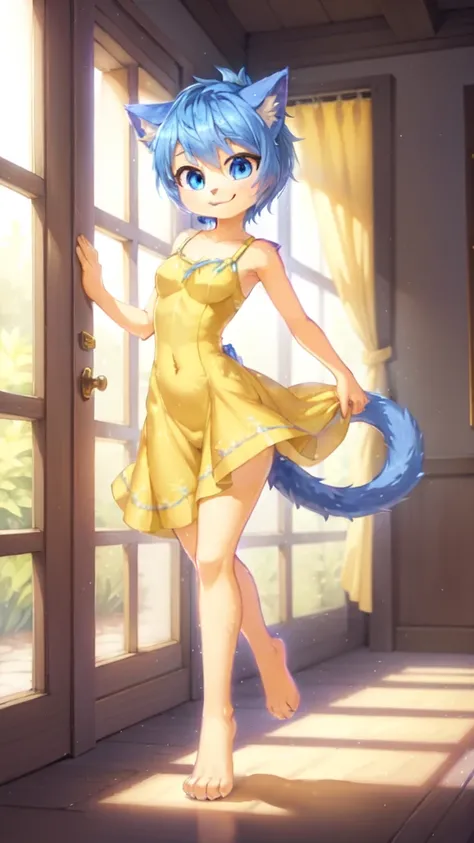 (best quality, masterpiece:1), solo, (shaded face:1.2), furry female anthro, cat, Joy (inside out), blue hair, spiky hairstyle, standing, tail, smile, looking at viewer, :3, ((yellow dress)), feets with three toes, full body, detailed face, detailed body f...