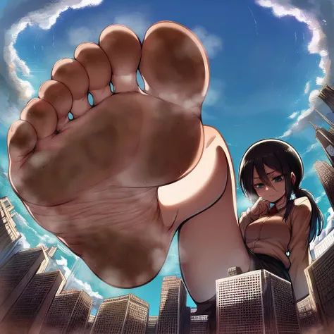 shingeki_no_kyojin_s4_style, portrait, solo, pov low angle view of a girl stepping on the viewer with her barefoot, city under girls foot, from below, soles, toes, looking down at viewer, low angle view, sky, cloud, giantess, jvdaniang, dirty feet soles, s...