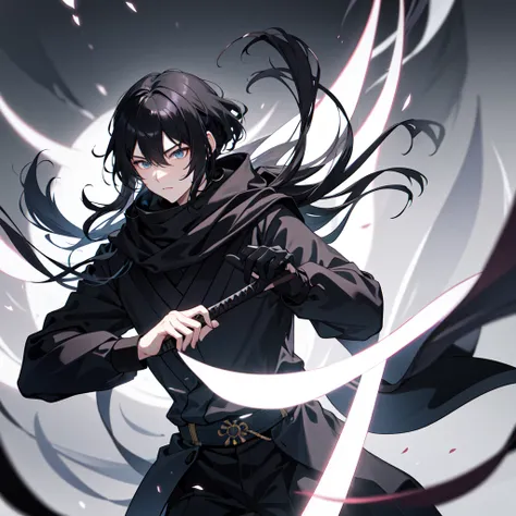 (8k, RAW photo, best quality, masterpiece), masterpiece, best quality, (bokeh), atmospheric, anime style(demon slayer). stands poised in a dimly lit forest, his Shadowfang Katana glowing faintly with void energy. His black uniform blends into the darkness,...