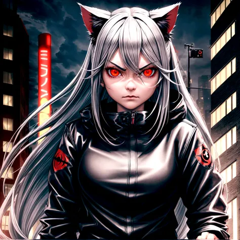 1 girl, cool, intimidation, long hair, gray hair, red eye, cat ear, black jacket, city, town, 2.5D, 3D, 8K, HD