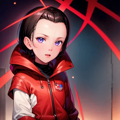 millie bobby brown, mbb, wearing a red jacket and a hood in a dark forrest, eleven, stranger things