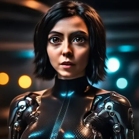 cinematic photo a woman with big eyes, full body, futuristic carbon body suit, cyberpunk background . 35mm photograph, film, bok...