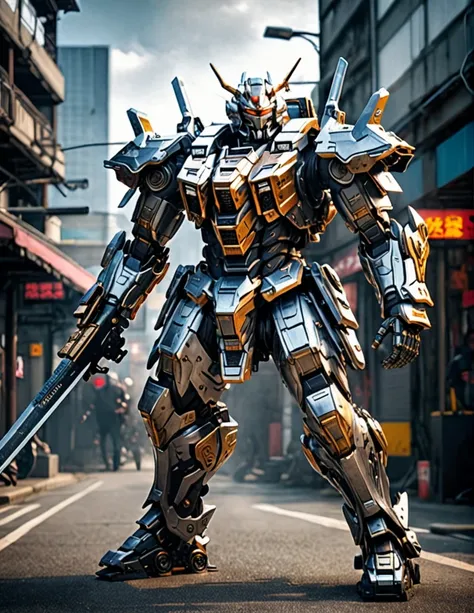 mecha Samurai character, hyper-realistic mechanical details, semi-realism, futuristic high-caliber weapon