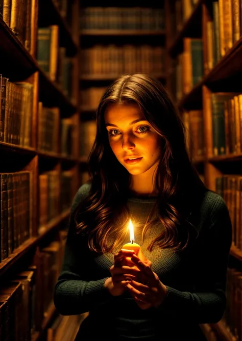 a selfie of a pretty young woman inside a medieval library, taken with iphone camera candles darkness detailed high saturation