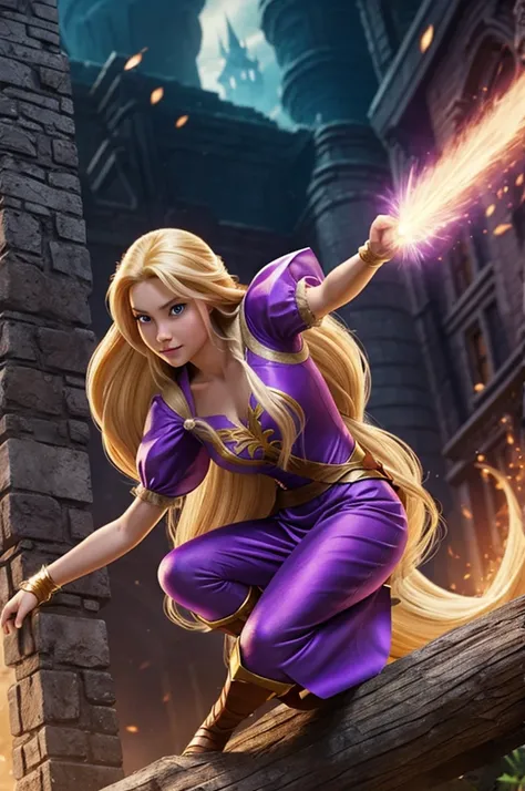 Rapunzel as a marvel super hero and her clothes looks like her as a princess and she is fighting against lots of villain