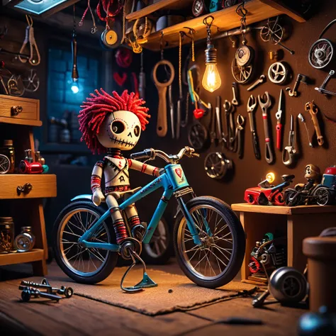 (knitted toy voodoo doll:1.5), (Voodoo fixing a bicycle:1.3), (Clothing: casual outfit with bicycle patterns:1.0), (Accessories: enchanted wrench, glowing bicycle parts, mystical repair stand:1.2), (background: cozy garage with animated tools:1.2), best qu...