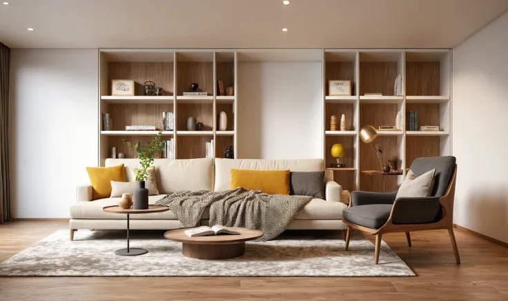 Interior Design, (modern interior space), (modern furniture design), (space that realistically describes the modern interior of a townhouse), (soft warm led light), (circle spotlight), (indoor), (neutral white tone color), (white wall), (An Cuong Wooden Fu...