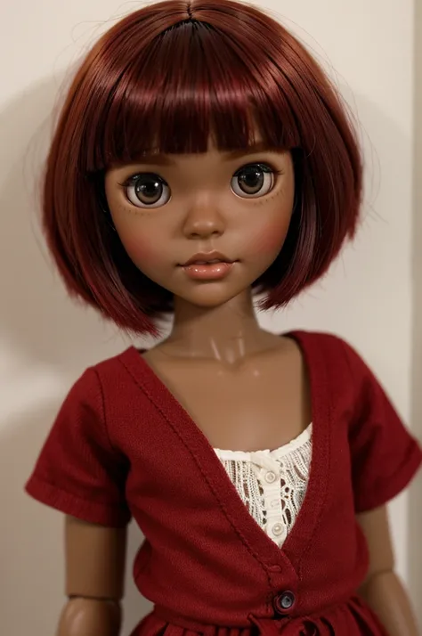 Blythe dolls with short hair and bangs and her red hair and her dark skin tone 