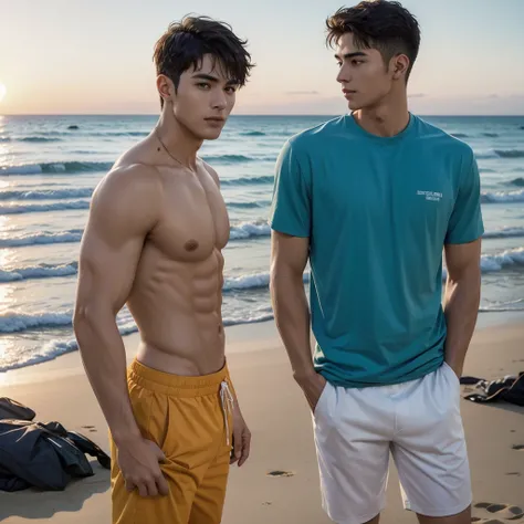 a very handsome man as if he came out of a mens shower gel advertisement, book cover boy(wondering), t-shirt, active, he is in Right side view. on the serene beach normally sunset view, ultra wide angle
, crowded