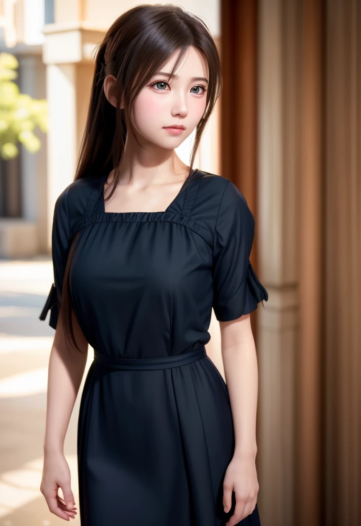 8K, of the highest quality, masutepiece:1.2), (Realistic, Photorealsitic:1.37), of the highest quality, masutepiece, Beautiful young woman, Pensive expression, Gentle eyes, Cute Maid Clothes, Hair tied back, feeling radiant, Cinematic background,, Light sk...