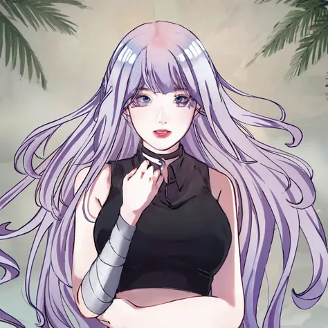 1girl, wearing black crop top, beautiful blue eyes, pink lips, ((light purple hair)), ((wearing a bandage on the left hand))