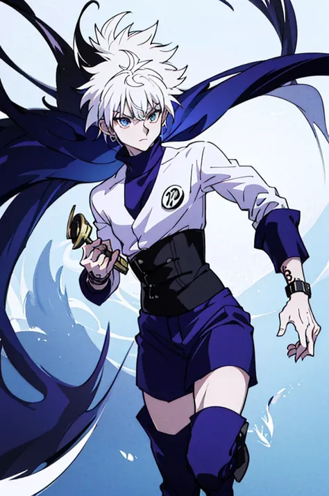 Please create a 2D black and white drawing of a male anime character with white hair, wearing an earring and a tattoo on his arm, wielding two swords, riding on top of a dragon, dressed in the Akatsuki cloak from Naruto Shippuden. The character should have...