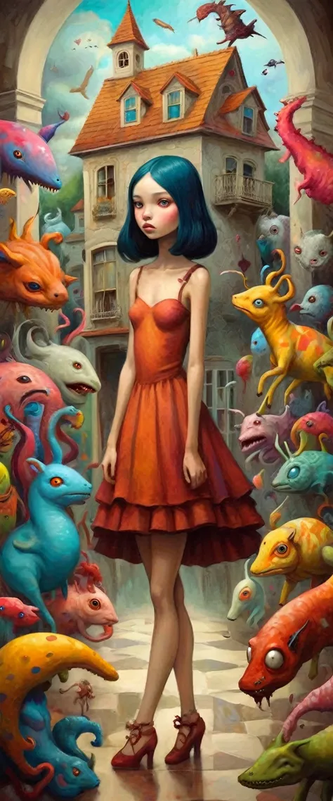 Tony Sandoval (Tony Sandoval) Style of vibrant surrealism, A beautiful girl，In a huge house，It is filled with strange and colorful creatures, Each one of them constitutes a fascinating dream.