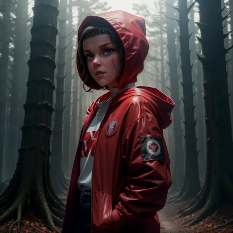 millie bobby brown, mbb, wearing a red jacket and a hood in a dark forrest, horror style, stranger things, netflix, d3m0g