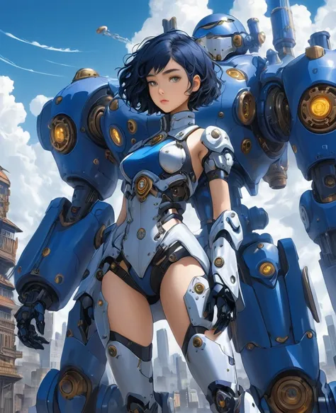 Japanese cartoon,Flat Color,masterpiece, best quality , Clear contours,((a girl wearing large mecha-arm and mecha-suit)), Lovely,(girl,teenager,Detailed face,(Dark blue wavy short hair),Parallel eyebrows,black eyes),as she protects the city. The girl shoul...