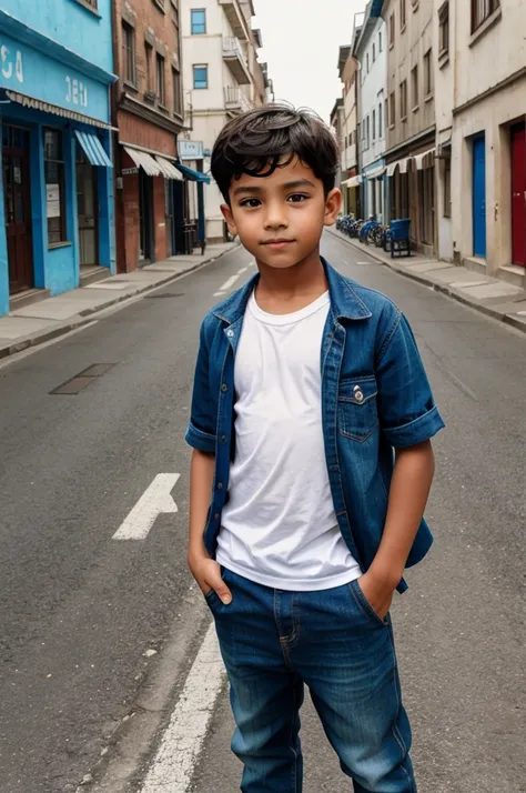 A boy posing for photo in a street