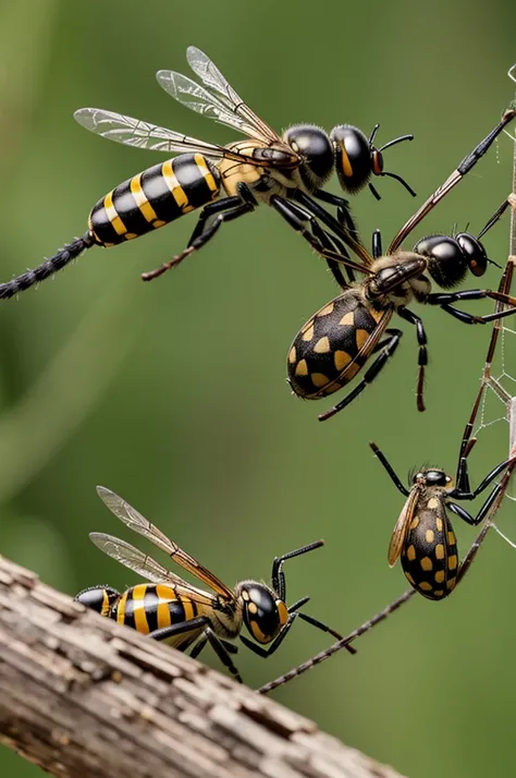 2 wasps getting caught in a spiders web