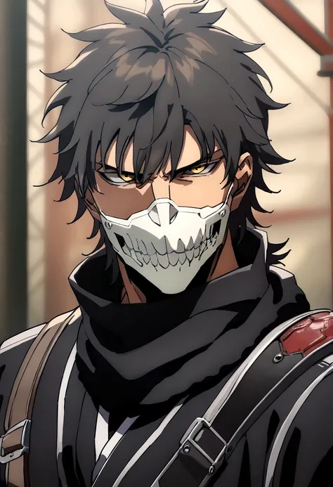 Anime man, shaved beard, serious face, black fluffy messy hair, black suit, cool, ((best quality)), black scarf, black waist straps, Fanny pack across shoulder, full hollow mask bandana only wrapped around mouth, jaw, and nose, shaped like a facemask