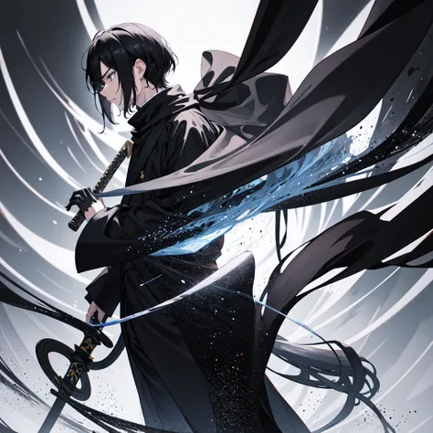 (8k, RAW photo, best quality, masterpiece), masterpiece, best quality, anime style(demon slayer). 1boy , broad shoulders,black clothes,Black hair, dark skin, black eyes, 
stands poised in a dimly lit forest, his Shadowfang Katana glowing faintly with void ...