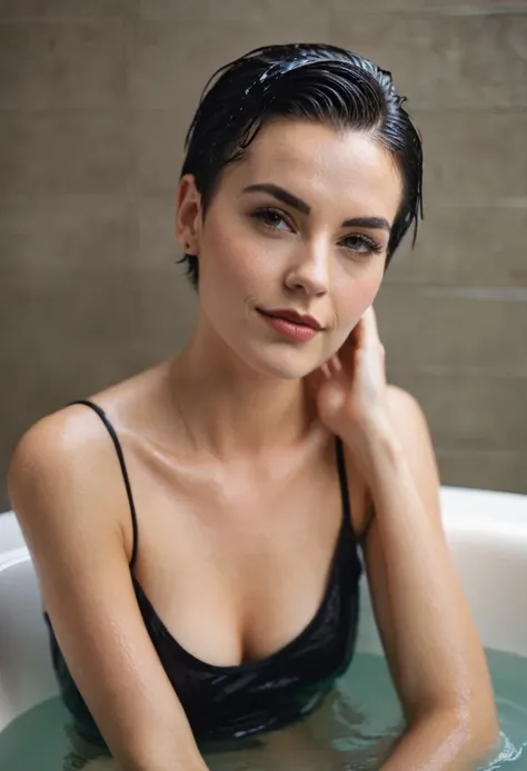 woman in her 20s sitting in a bath, short hair wet , slicked back hair, tank top, stylized, sexy