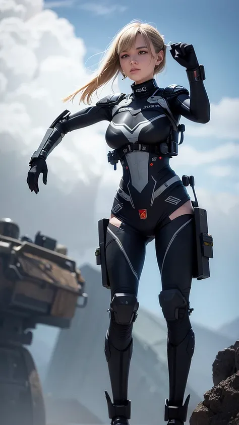 1 woman, futuristic suit, military, special weapons, battlefield, explosions, destruction, fantasy world, 4k