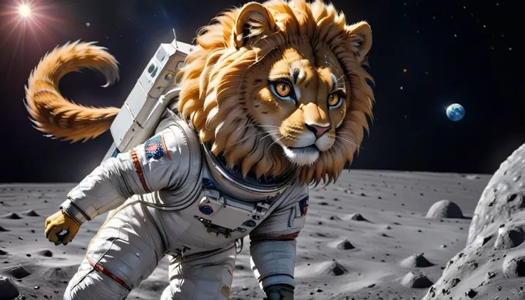 Arafed a picture of a anthomorph lion astronaut he stands on the moon roaring to space, an epic anthomorph lion, wearing astronaut suit, feline eyes, dynamic colors, roaring as he stands on the moon roaring to space, many stars above him, vibrant, Ultra-hi...