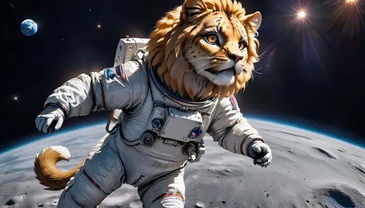 Arafed a picture of a anthomorph lion astronaut he stands on the moon roaring to space, an epic anthomorph lion, wearing astronaut suit, feline eyes, dynamic colors, roaring as he stands on the moon roaring to space, many stars above him, vibrant, Ultra-hi...