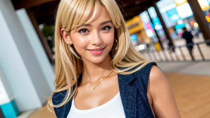 best quality, masterpiece, highres, (detailed:1.4), (1 girl), blonde hair, (tanned skin:1.4), extremally thin eyebrows , gyaru,thick bluish eyeshadow, thick black eyeliner, Highlighted eyes with eyeliner, false eyelashes,congident smile,enjoy,look at viewe...